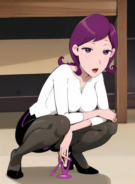 {best quality}, {{masterpiece}}, {highres}, original, extremely detailed 8K wallpaper, {an extremely delicate and beautiful},1girl,purple hair,makeup, purple_eyes,closed eyes, smell,  whirt shirt,black skir,black stockings,medium_breasts, squatting, open her legs,<lora:zhangxiaoli:1>