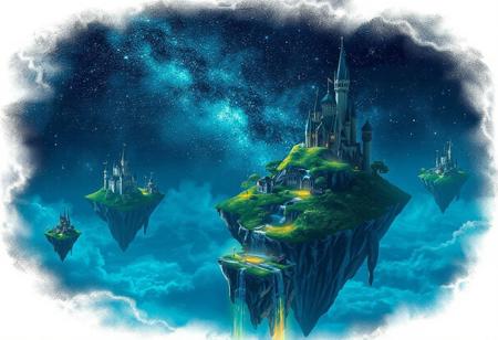 A nightscape featuring floating islands drifting in a star-filled sky.  complete with castles and glowing waterfalls