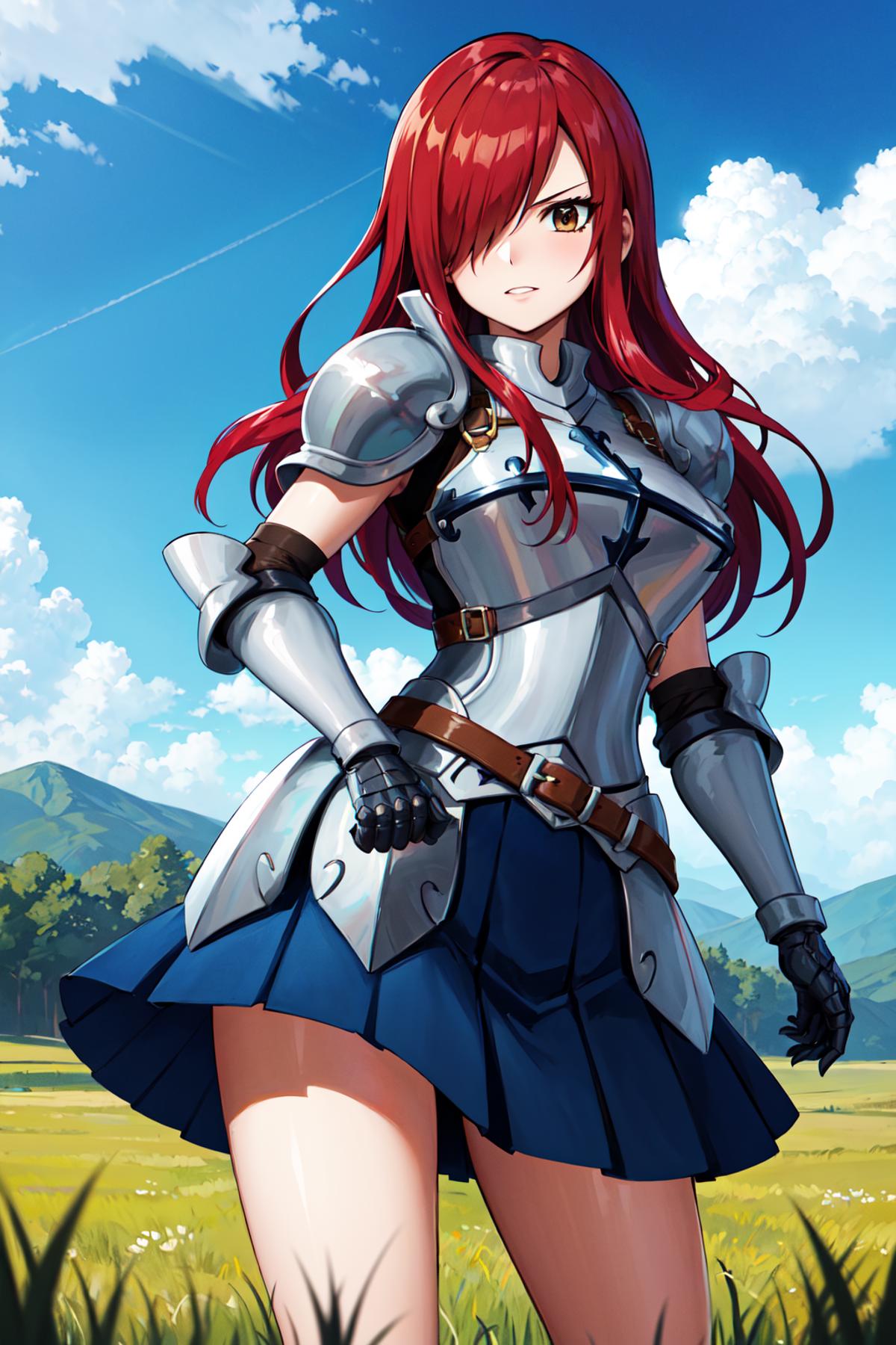 A cartoon female character wearing a knight's outfit with a sword, standing in a field.