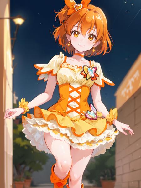 cure pine precure, one side up, short hair, hair ribbon,  frills, short sleeves, wrist cuffs, orange choker, orange boots, yellow skirt,