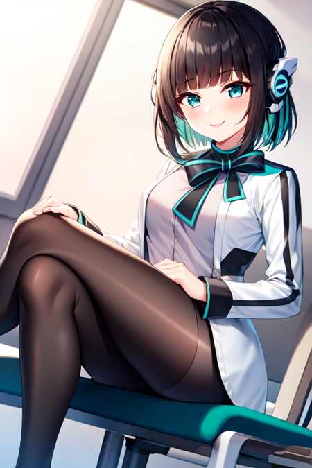 KamenIzu, 1girl, black hair, aqua_eyes, aqua_hair, (headgear),(humagear_headphones), mechanical ears, multicolored_hair, looking at viewer, pretty face, solo,   bow,  eyelashes,  jacket,  long_sleeves, robot_ears, short_hair,  short_skirt, smile,  white_jacket, medium breasts, sexy, (crossed legs),  black_pantyhose 