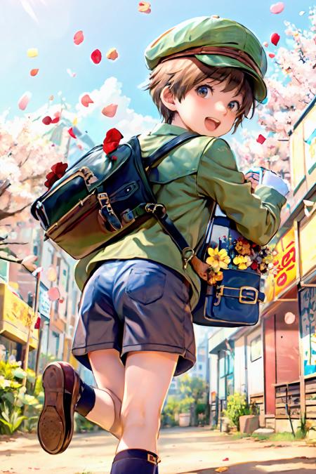 looking at viewer, smile, short hair, open mouth, brown hair, 1boy, hat, brown eyes, flower, :d, male focus, outdoors, sky, shoes, shorts, solo focus, day, socks, looking back, bag, from behind, tree, blue sky, petals, backpack, cherry blossoms, child, running, randoseru, male child, spring (season),scholl school uniform, 
 <lora:cocolo:1>