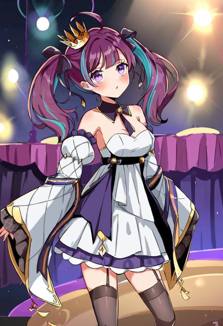 masterpiece,best quality,score_9,score_8_up,score_7,1girl,source_anime,1girl,twintails,multicolored hair,detached sleeves,bangs,crown,dress,purple hair,streaked hair,white dress,ahoge,ribbon,two-tone-hair,bare shoulders,long sleeves,purple eyes,thighhighs,wide sleeves,bow,garter straps,long hair,mini crown,hair ribbon,puffy sleeves,black thigghighs,detached collar,hair bow,<lora:Pony_å°ä¸äººé±¼-000009:0.8>,indoors,on bed,blush,medium breasts,dancing,stage,