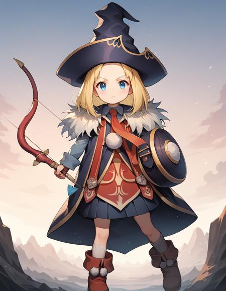 UsagaJudey blonde hair,blue eyes,witch hat,necktie,white socks,red boots,fur-trimmed dress,long sleeves,