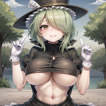 Hatter an image a woman in overalls, 1girl, solo, top hat, breasts, gloves, hat, hair over one eye, cup, green hair, black headwear, underboob, white gloves, large breasts, heart, short hair, looking at viewer, blush, brown eyes, smile, outdoors, nature background,