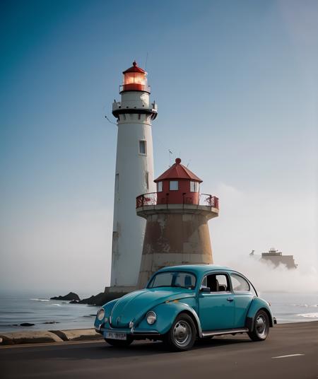 cinematic photo ,<lora:quiron_beetleVW_V1_Lora:0.87> beetleVWQuiron car, realistic, best quality, masterpiece,  cinematic light, sidelighting,    fog, fading lighthouse, chipped paint, broken beacon, lost guidance  . 35mm photograph, film, bokeh, professional, 4k, highly detailed