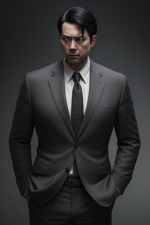 best quality,masterpiece,(realistic:1.2)quality,realistic,masterpiece,Highly detailed,1boy,office man,adult,asian,black hair,suit,standing,hand in pocket,grey_background,moody lighting,full_shot,frontlight,highres,absurdres,incredibly_absurdres,huge_filesize,