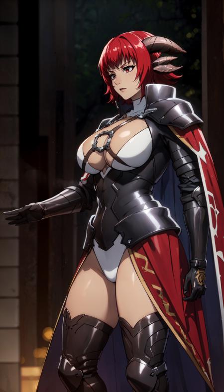 goat horns red hair short hair red eyes armor white outfit cleavage cutout leather straps shoulder pads red cape