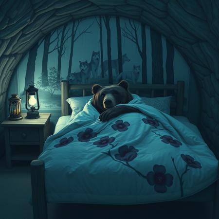 An anthro grizzly bear is sick and lying in bed under a blanket in his cave bedroom. The feverish bear is feeling listless and miserable. The bed has simple rustic wooden frame and a thick mattress. The blanket is white with large plum blossom decorations. The bedroom is dimly lit by a lantern on the bedside table. There is a minimalistic painted mural on the wall behind the bed depicting wolves in a forest. The scene has an atmospheric cinematic look. The overall aesthetic is lonely and sad.