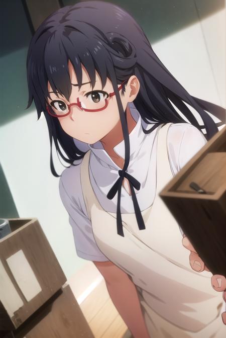 mayamatsumoto, <lora:maya matsumoto s2-lora-nochekaiser:1>,
maya matsumoto, long hair, black hair, (brown eyes:1.3), glasses, apron, semi-rimless eyewear, red-framed eyewear, under-rim eyewear,
BREAK apron, waitress,
BREAK indoors, restaurant,
BREAK looking at viewer, (cowboy shot:1.5),
BREAK <lyco:GoodHands-beta2:1>, (masterpiece:1.2), best quality, high resolution, unity 8k wallpaper, (illustration:0.8), (beautiful detailed eyes:1.6), extremely detailed face, perfect lighting, extremely detailed CG, (perfect hands, perfect anatomy),