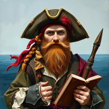 Oil painting rendered in a loose, impressionistic style with thick, expressive brush strokes. Full body portrait of a young pirate wizard. His outfit is a mish mash of wizard-like scholastic and pirate clothes. He wears a red bandana and has a long ginger beard. He has big white eyebrows. He holds a book and a wizard's staff. The background shows sea and a horizon.
