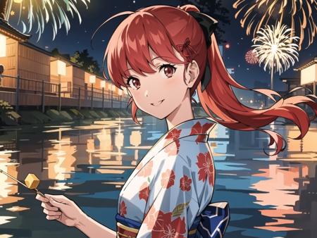 masterpiece, best quality, highres, extremely detailed CG unity 8k wallpaper,
illustration of  dskasumi, long hair, ponytail, hair ribbon, smiling, yukata, 1girl, solo, festival, lake, cityscape, fireworks, night sky, detailed background, (persona 5:0.5)
<lora:dskasumi_e2:0.8>