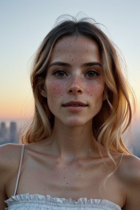 AlexNoiret, sunset, dusk, hills above Los Angeles, pastel sky, looking at sky, head tilt, pose, floral sundress, in love, loose wavy hair, ((masterpiece, best quality, extremely detailed, perfect face, perfect body:1.2)), smile:1.2, closeup on upper body