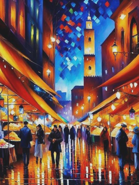 <lyco:LeonidAfremov:1.0> A bustling market in a vibrant Moroccan city, exotic atmosphere, colorful spices, intricate textiles, ornate architecture, lively street vendors, bokeh effect, Leonid Afremov, rich and saturated, warm and inviting