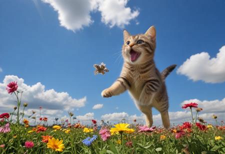Highly detailed photograph of a tabby kitten leaping through the air above a field of colorful flowers. Side view. Floppy ears, floppy tongue, big eyes, very cute, very happy, joyful. Blue sky with fluffy clouds. Bright sun, (god rays).