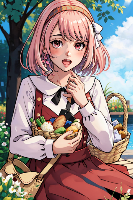 lapis_cas, looking at viewer, blush, open mouth, holding, white shirt, food, bag, red dress, handbag, basket, holding basket, 
 <lora:Lapis_def:0.8>