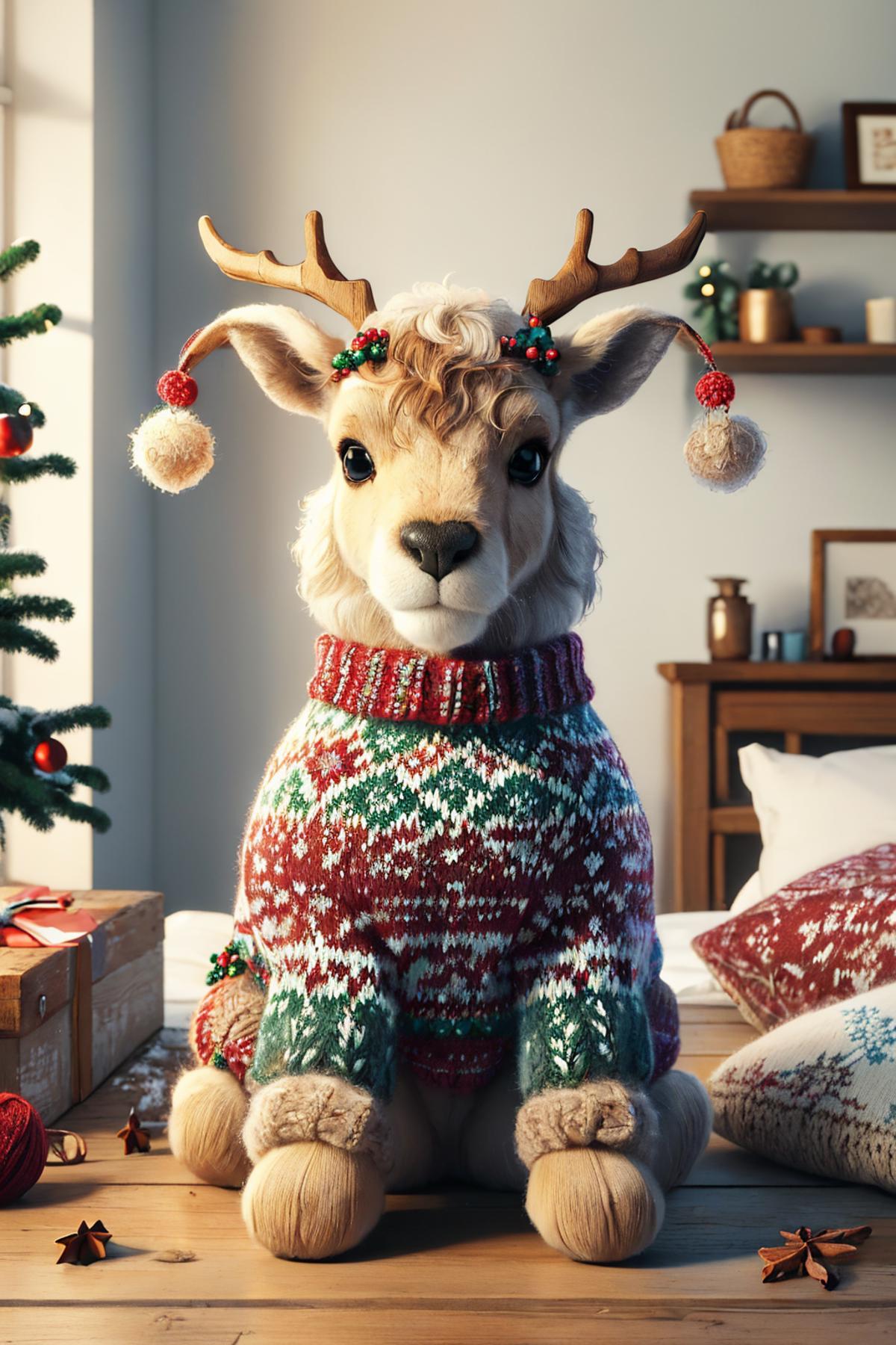 A stuffed animal wearing a Christmas sweater and antlers in front of a Christmas tree.