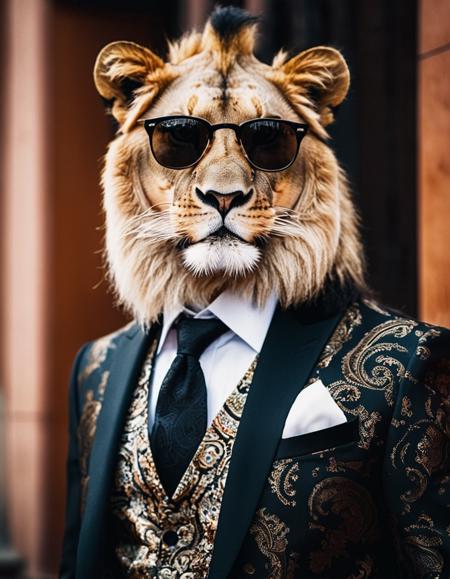 photograph portrait of a lion with a man-bun wearing a black suit with a paisley vest and white shirt and black necktie and wearing black Rayban style sunglasses, open jacket, three-piece suit, evocative, highly detailed, high contrast, 50mm . cinematic 4k epic detailed 4k epic detailed photograph shot on kodak detailed cinematic hbo dark moody, 35mm photo, grainy, vignette, vintage, Kodachrome, Lomography, stained, highly detailed, found footage, High Fashion, portrait of a lion with a man-bun wearing a black suit with a paisley vest and white shirt and black necktie and wearing black Rayban style sunglasses, open jacket, three-piece suit, evocative, highly detailed, high contrast, dynamic, dramatic, haute couture, elegant, ornate clothing, High Fashion, portrait of a lion with a man-bun wearing a black suit with a paisley vest and white shirt and black necktie and wearing black Rayban style sunglasses, open jacket, three-piece suit, evocative, highly detailed, high contrast, sharp focus, deep rich colors, intricate, innocent, elegant, complex, magical background, dynamic light, ambient
