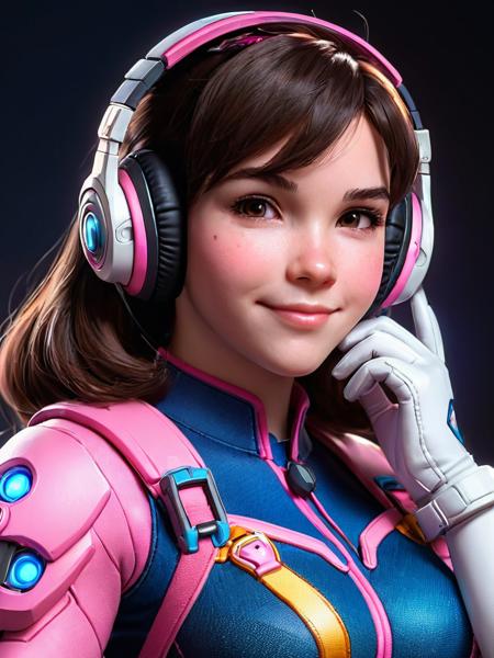 <lora:SS02ImpressionisticPainting_Hap_XL:2>,Thomas Kinkade style, <lora:add-detail-xl:0.1> dark background 1 girl, solo, cute, (short:1.2), small body, (shortstack:1.1), d.va \(overwatch\), headshot portrait, side view, close-up, looking at viewer, bodysuit, (head tilt:1.2), white gloves, slight smile, headphones, dutch angle, v sign