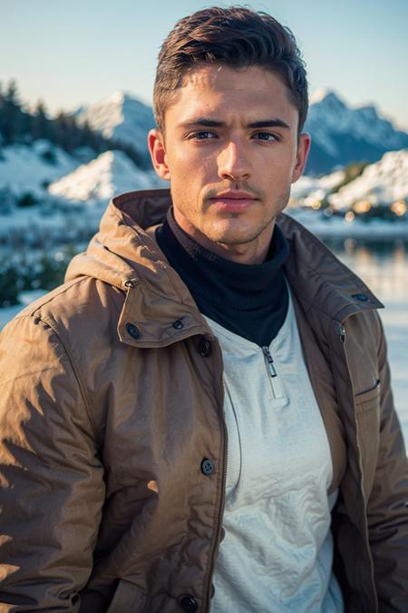 ((masterpiece)), ((best quality:1.2)), High Resolution, 8k, (ultra_realistic:1.3), (photorealistic:1.4), (instagram model, handsome:1.2), sharp focus, a photo of (nicktopelkm), wearing winter clothing, in a mountainside, dynamic posing, outdoors, snowing, winter theme, winter mountains, trees everywhere, lake, frozen tundra, ((looking at camera)), <lora:NickTopelKM:0.8>