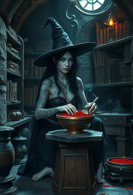 Within an ancient chamber, an enchanting pale skinned, black haired sorceress, adorned with a pointed witches hat, her body a tapestry of arcane tattoos, weaves her magic. Her face a picture of malign delight as she casts spells of old, her hands moving deftly over ancient artefacts and mystical ingredients, her feet bare on the cold flagstones. Before her, a copper bowl filled with  red chilli powder sits atop a worn, wooden pedestal. Shelves brimming with enchanted tomes and potions line the walls, telling tales of forgotten eras. The air hums with dark secrets and forbidden knowledge, a haven for those who seek the mysteries of the dark academia. Medieval gothic setting, fantasy RPG characters, DnD, dark fantasy A mesmerizing, high-contrast, vivid cinematic photograph, ultra hd, realistic, vivid colors, highly detailed.