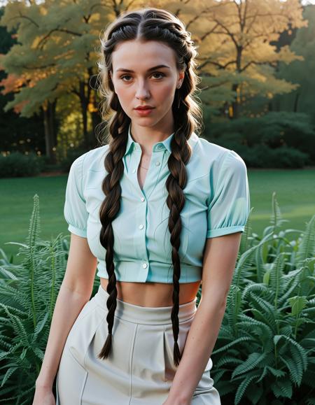 RAW full body analogue photo of a beautiful 25 years old woman, clear focus, high resolution image, Rebecca Raven beautiful woman with dark hair and (pale skin), <lora:Rebecca_Raven_SDXL_V3:0.6> ,wearing pastel blouse, black skirt, silver necklace, black heels, (fine-box-braid-hair:1.6),,high quality, film grain, Fujifilm XT3, 8k uhd, dslr, film grain, kodak tri-x 400 film, grain photo DOF, faint lighting, dynamic angle, cinematic, Depth of field, bokeh, best quality, cinematic, light particles, highly_detailed, very_aesthetic, golden hour, beautiful_and_aesthetic ,Sexy pose, erotic pose, exhibitionism, ,Thatch-roofed cottage