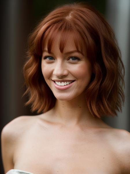 Realistic photo of a beautiful l1ndyb woman, 1girl, solo, looking at viewer, smile, short hair, blue eyes, red hair, dress, bare shoulders, teeth, grin, black dress, strapless, traditional media, strapless dress, realistic, soft lighting, professional Photography, Photorealistic, detailed, RAW, analog, sharp focus, 8k, HD, DSLR, high quality, Fujifilm XT3, film grain, award winning, masterpiece<lora:l1ndyb:1.0>