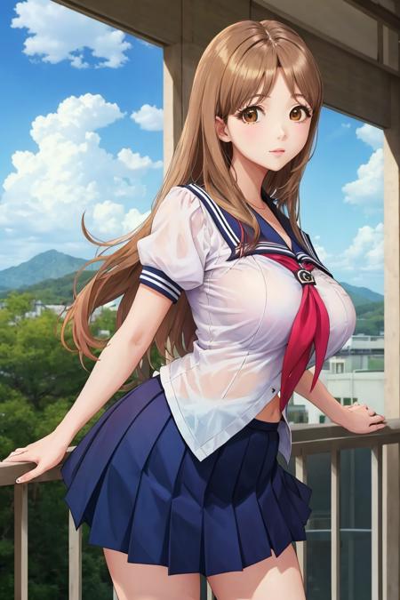 best quality, masterpiece, 1girl, solo, standing, <lora:yunokirina-photokano-richy-v1:1> yunoki rina, serafuku, school uniform, blue skirt, looking at viewer