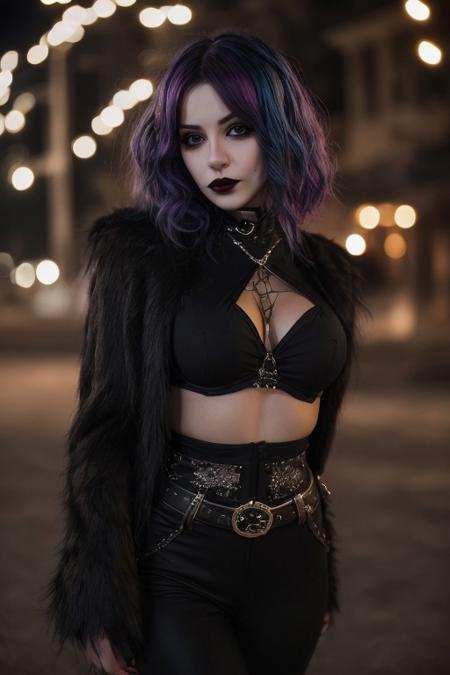 1girl, solo, a woman posing, cowboy angle, colored hair, night, bokeh, cute, stunningly beautiful, high detail, sharp focus<lora:Goth_Girls_v1:1> gg3st