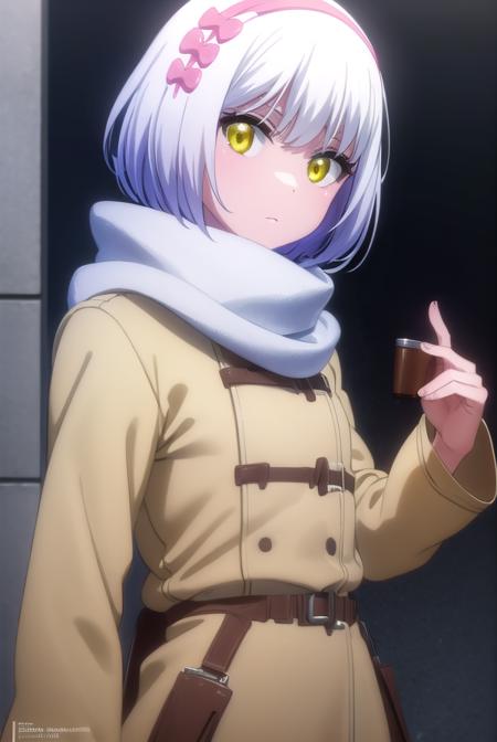 paulamccoy, <lora:paula mccoy s2-lora-nochekaiser:1>,
paula mccoy, short hair, bow, (yellow eyes:1.3), white hair, hair bow, hairband,
BREAK scarf, red scarf, coat, long sleeves, wide sleeves, white coat,
BREAK indoors, classroom,
BREAK looking at viewer, (cowboy shot:1.5),
BREAK <lyco:GoodHands-beta2:1>, (masterpiece:1.2), best quality, high resolution, unity 8k wallpaper, (illustration:0.8), (beautiful detailed eyes:1.6), extremely detailed face, perfect lighting, extremely detailed CG, (perfect hands, perfect anatomy),