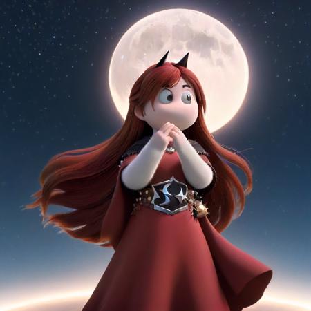 Moomins, mumintrollen, Nafo Momin girl, Snorkmaiden, snorkmaiden, 3D, long hair, moon, 1girl, dress, solo, hair ornament, cape, full moon, brown hair, star (sky), cosplay, night, belt, 1other, red hair, holding, looking at viewer, sky, red dress<lora:Moomin-000009:1>