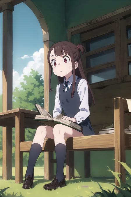 akko, 1girl, book, luna_nova_school_uniform, reading, solo, sitting, school_uniform, book_stack, holding, window, socks, grass, shoes, open_book, bench, long_sleeves, full_body, holding_book, shirt, looking_down, brown_footwear, loafers, blue_socks, dress, white_shirt, outdoors, indoors, closed_mouth, day, collared_shirt, table, skirt, knees_together_feet_apart, kneehighs, chair, ribbon, neck_ribbon, pinafore_dress, building, vest, expressionless, wing_collar, artist_name, flat_color