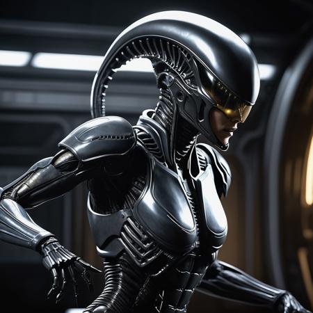 award winning still image, alluring female xenomorph robocop, side view, dynamic pose, trending on art station, sharp, 8k resolution, rim lighting, volumetric