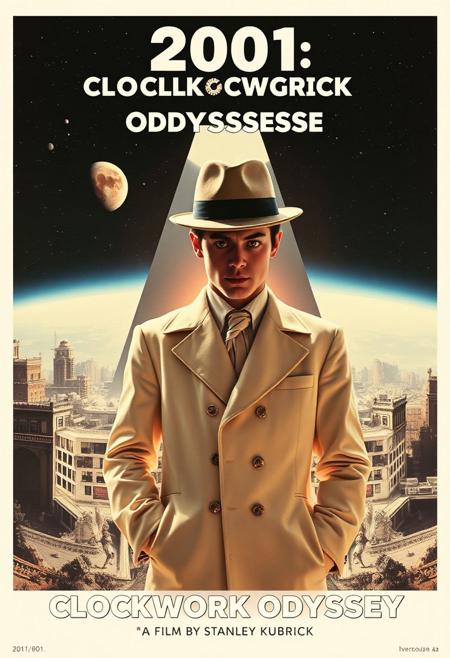 Design a striking and surreal movie poster for 2001: CLOCKWORK ODYSSEY, a blend of Stanley Kubrick’s iconic films A Clockwork Orange and 2001: A Space Odyssey. In the foreground, feature Alex from A Clockwork Orange in his classic white outfit, bowler hat, and disturbing single eyelash. He stands against a backdrop of space, with the HAL 9000 red eye ominously glowing in the distance. The monolith from 2001 looms behind him, while elements of the dystopian, urban world of Clockwork Orange are subtly integrated into the vast, sterile spacescapes of 2001. The color palette should feature the warm oranges and blacks of Clockwork Orange contrasted with the cool whites and blues of 2001. At the top or bottom of the poster, boldly display the title 2001: CLOCKWORK ODYSSEY, fusing the typography styles of both films. Below the title, add: ‘A Film by Stanley Kubrick,’ to highlight the legendary director’s vision