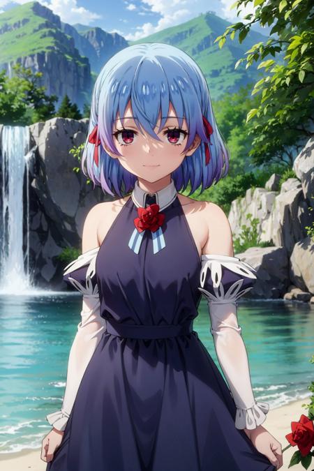 masterpiece, best quality, light smile, cowboy shot BREAK rutiragnason, blue hair, red eyes, short hair BREAK blue dress, sleeveless dress, red rose, detached sleeves BREAK waterfall background <lora:ruti-sd15-1:0.8>