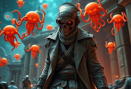 Hyper-detailed of a biomechanical mummy-robot hybrid (bandages fused with corroded metal), wearing a skin-tight nurse uniform under tattered maritime trenchcoat. Creeping menacingly through a cosmic temple, surrounded by floating orange demonic entities and Mr. Nimbus-inspired tentacle accessories. Style fusion: Artgerm's glossy character design, Greg Rutkowski's dark fantasy textures, Alphonse Mucha's symbolic motifs (ankh engravings), and Android Jones' psychedelic space背景. Rendered in Octane with parallax volumetric lighting, Unreal Engine 5 nanite details, and CryEngine's atmospheric depth. Editorial aesthetic: Vogue meets Fantastic Planet, 8K photorealism, micro-textured bandages/rust, golden ratio composition, trending on ArtStation