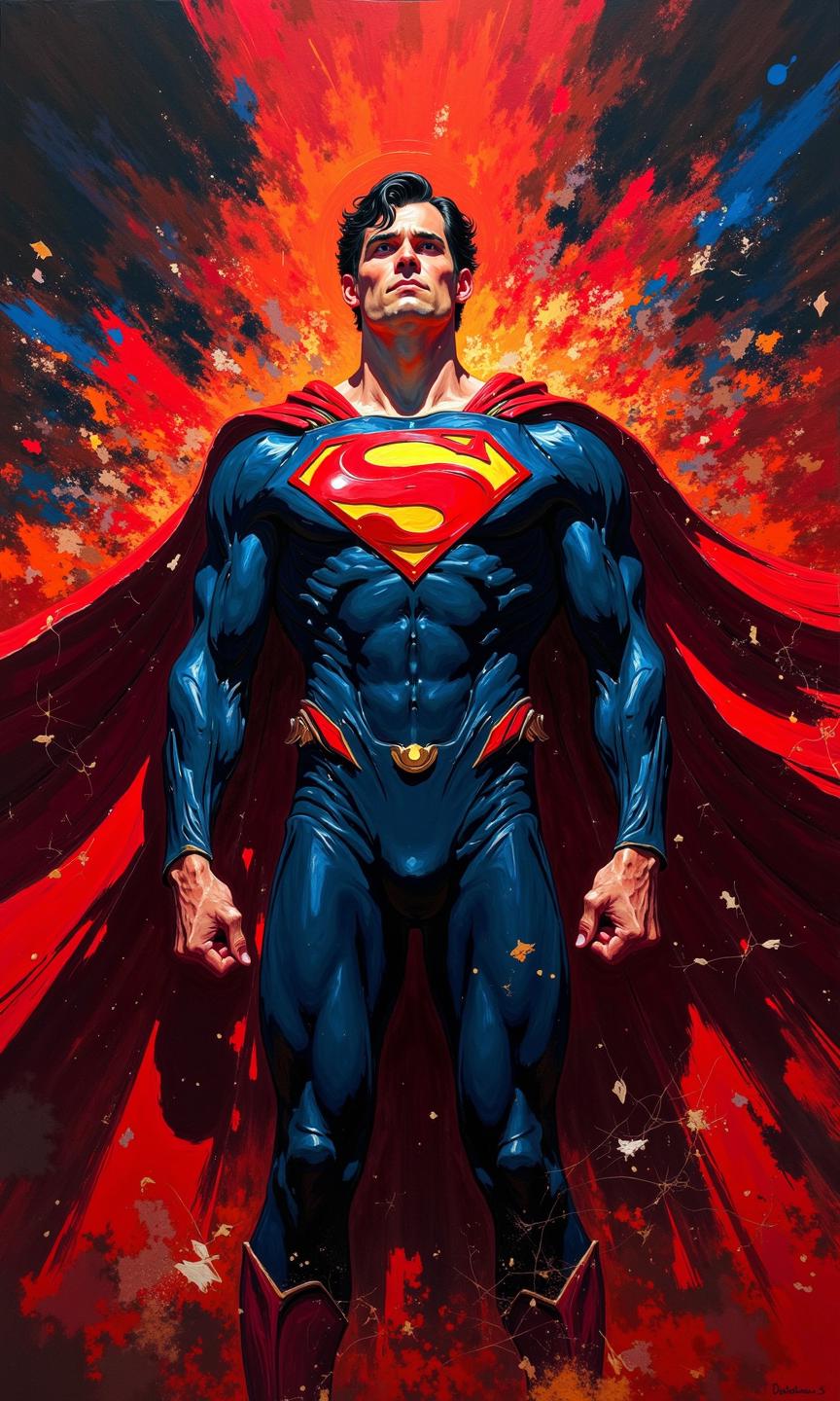 Full-frame view of a stylized, vibrant illustration of Superman. 
The figure is centrally positioned and dominates the image. Superman's costume is a rich dark blue, contrasted with bold red accents that form his iconic "S" symbol and cape. The cape billows outwards, with strong, dynamic brushstrokes and color gradients creating a sense of motion and energy. The background is a mix of intense red and deep black, with streaks and splashes of color that seem to emanate from the figure, suggesting a powerful, dynamic energy.
The style of the image is painterly, with visible brushstrokes and an expressive quality. The colors are bold and contrasting. The overall effect is dramatic and superheroic. The design evokes a sense of action and intensity, fitting the character's traits.
<lora:FLUX-daubrez-DB4RZ-v2:1> DB4RZ, DB4RZ style painting