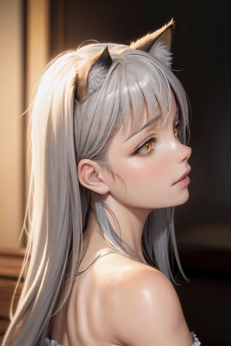 masterpiece, best quality,8K,realistic,
,
1girl,silver hair,long hair,from side, (lighting on hair,lighting on face,:1.2),yellow eyes,animal ears, cat ears,