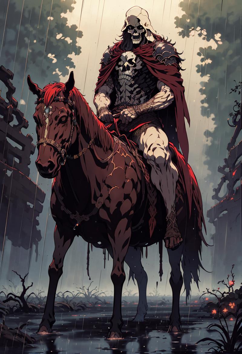 Skull-faced warrior riding a dark horse through the rain.