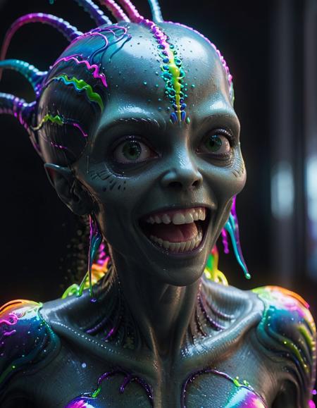 cinematic film still <lora:FF.101.juggernautXL_version6Rundiffusion.LyCORIS:2> impossibly beautiful portrait of alien shapeshifter entity, insane smile, intricate complexity, surreal horror, inverted neon rainbow drip paint, trending on art station, photoreal, 8 k, octane render by greg rutkowski . shallow depth of field, vignette, highly detailed, high budget, bokeh, cinemascope, moody, epic, gorgeous, film grain, grainy