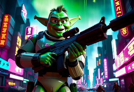 Movie screenshot from Blade Runner, directed by Ridley Kubrick. In this screenshot we see Tom Wanks firing his rifle while laughing maniacly, dressed as Buzz Lightyear, the CandyPunk city beneath him running in vibrant details as the exposure action shot rotates the camera around his figure falling through the sky down towards the city