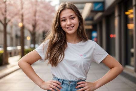 photo of a 18 year old girl,happy,laughing,hands on hips,looking at viewer,shirt,pants,ray tracing,detail shadow,shot on Fujifilm X-T4,85mm f1.2,sharp focus,depth of field,blurry background,bokeh,lens flare,motion blur,<lora:add_detail:1>,