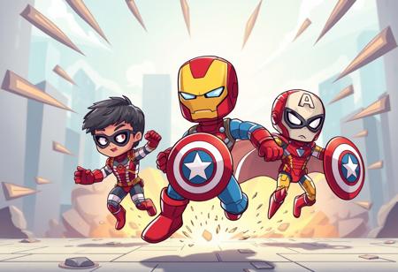 Create a cartoon super hero mini version, like mini people, mini hulk, mini ironman, and mini captain america, dynamic action, the fly from huge bomb expands. colorful and impressive cartoon view.