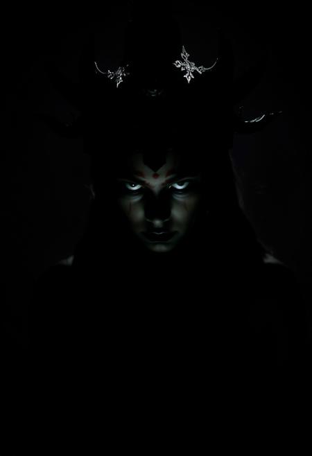 A photograph of Apsara in high contrast, low-key lighting, creating an eerie and creepy atmosphere. The image utilizes dark tones, unsettling details, and deep shadows for a dramatic effect.