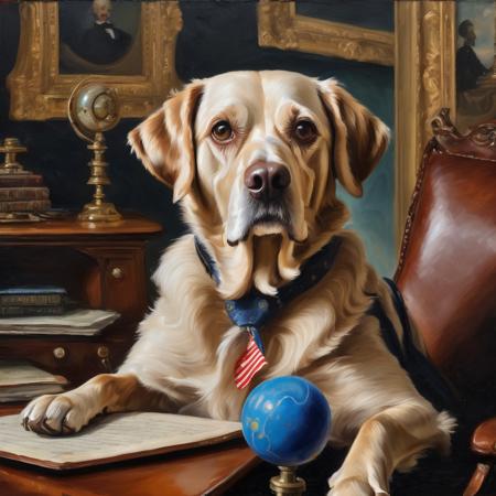 Oil painting, masterpiece, regal, fancy.  A very old dog named Puproy Doggerson III studies rocket science.