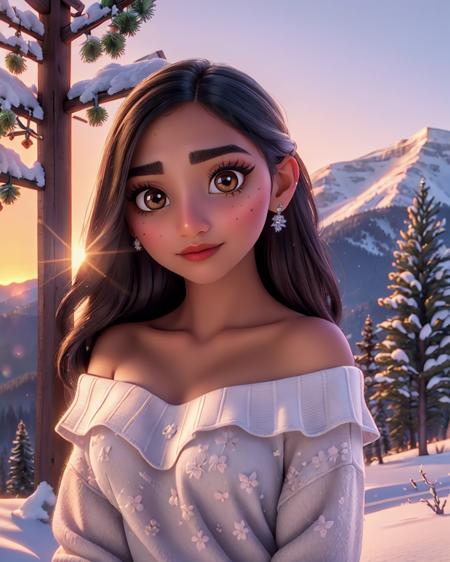 <lora:IsaMadrigal:1> isabelamadrigal, cleavage,, Cute Montana Outdoors Girl wearing a one shoulder sweater. Detailed eyes framed by long, perfect eyelashes. Light make-up and eyeliner. Soft features. Sensual. Outdoors in Montana. Morning sun rise. In the background is pine tress and snowy mountain tops. Photorealistic, Natural atmospheric lighting, intricate details, 35mm photograph, film, professional, 4k visuals, highly detailed, elegant, studio quality.