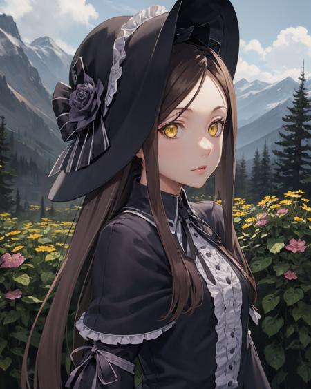 best quality, (masterpiece:1.2), illustration, absurdres,
(1girl, solo), (beautiful detailed girl),
<lora:Beryl-07:0.8>, Beryl, yellow_eyes,small breasts, long hair, black hair,
 frills, long black dress, long gothic dress, black boots, hat, headwear, 
 creepy, scary, weird, yandere,
magical forest, flowers, distant mountains, sky, clouds,
fighting stance,
(upper body, portrait),,
looking at viewer