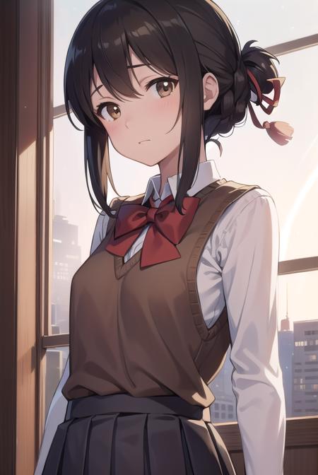 mitsuhamiyamizu, <lora:mitsuhatest:1>,
mitsuha miyamizu, black hair, (brown eyes:1.5), hair ribbon, (small breast:1.2),
BREAK bow, bowtie, kneehighs, pleated skirt, red bow, red bowtie, school uniform, skirt, sweater vest, brown vest,
BREAK looking at viewer,
BREAK indoors, classroom,
BREAK <lora:GoodHands-vanilla:1>, (masterpiece:1.2), best quality, high resolution, unity 8k wallpaper, (illustration:0.8), (beautiful detailed eyes:1.6), extremely detailed face, perfect lighting, extremely detailed CG, (perfect hands, perfect anatomy),