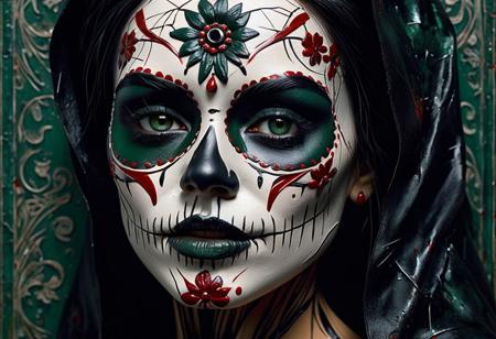 on a real mexican's catrina perfectly detailed face, tears of blood, The overall style is reminiscent of Jasper Johns's work, catrina with deep green eyes, one blood tear.The piece features a distorted, elongated face, expressing both joy and sorrow. The background showcases a series of sharp, jagged lines and shapes, evoking a sense of fear and fright.