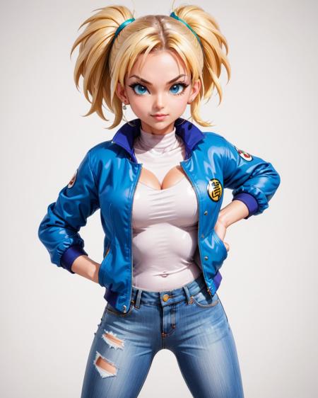 Pokémon style <lora:CivitAI_ALL:1>  a girl in a blue jacket and jeans is posing, android 18, saiyan girl, bulma from dragon ball, betty cooper, official art, by Jason Teraoka, high quality colored sketch, by Akira Toriyama, by Okada Beisanjin, by Eddie Mendoza, female goku, annie leonhart, dragon ball style, dragon ball concept art . Vibrant, cute, anime, fantasy, reminiscent of Pokémon series